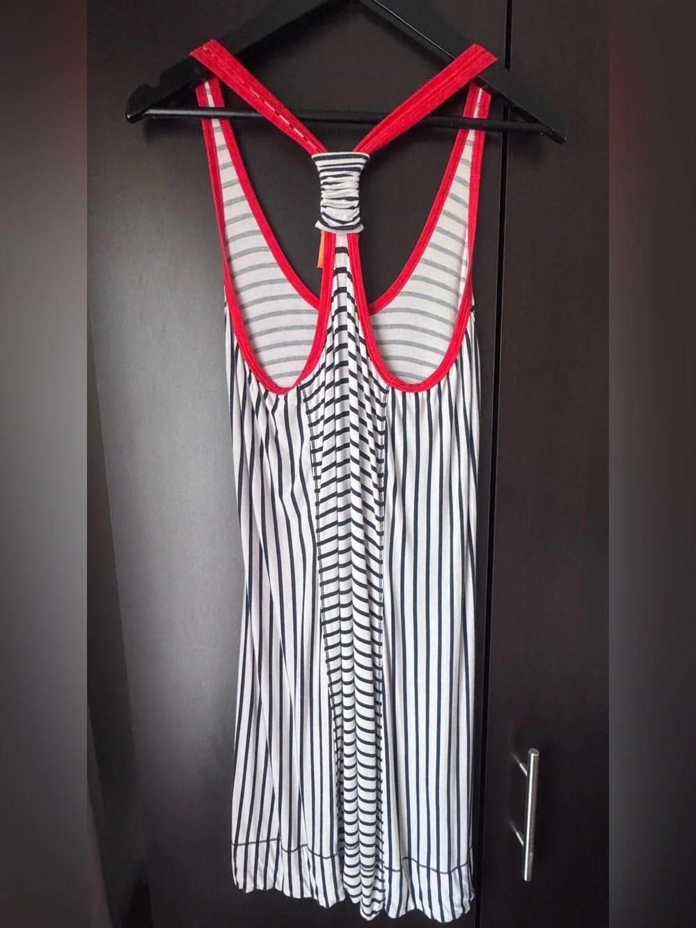 Tory Burch White and Navy Striped Midi Dress with Red Trim